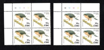 2002-04 Ireland Tenth Definitive Stamp Series Birds 95c Sparrowhawk Plate Block 1A1A1A1A & 1B1B1B1B Mint Never Hinged (MNH)