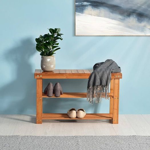 NEW SALE Shoe Rack, 2 Tier Bench Storage Organiser Holder 70 x 27 x 45cm Made of 100% Natural Bamboo Max Load Capacity up to 100KG