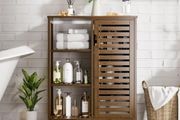 Walnut Bathroom Cabinet, Bamboo Floor Standing Side Storage Organizer with Door and 3 Open Shelves, Space Saving Kitchen Living Room Cupboard