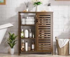 Walnut Bathroom Cabinet, Bamboo Floor Standing Side Storage Organizer with Door and 3 Open Shelves, Space Saving Kitchen Living Room Cupboard