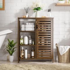 Walnut Bathroom Cabinet, Bamboo Floor Standing Side Storage Organizer with Door and 3 Open Shelves, Space Saving Kitchen Living Room Cupboard