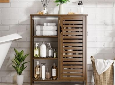Walnut Bathroom Cabinet, Bamboo Floor Standing Side Storage Organizer with Door and 3 Open Shelves, Space Saving Kitchen Living Room Cupboard