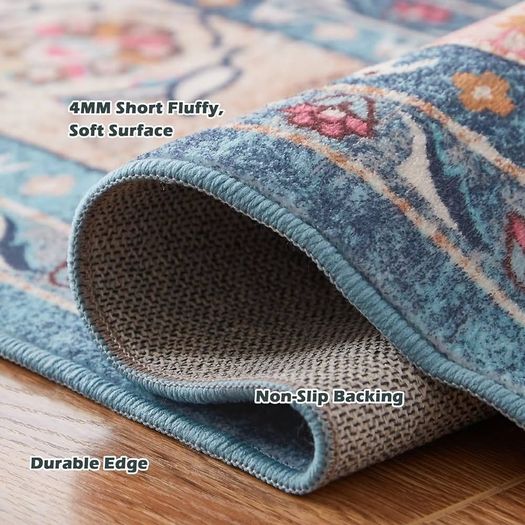 Washable Rugs Living Room Boho Rug for Bedroom Anti Slip Rugs Classic Large Rugs for Living Room Vintage Area Rugs Soft Short Pile Rug Washable Rugs Vintage 80x150CM Blue