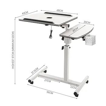 Height Adjustable Computer Desk on Wheels, Rolling Laptop Desk with Cooling Fan, Overbed Table with Mouse Tray, Laptop Table with Pen Holder, Bedside Table for Home Office, White