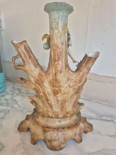 Antique German porcelain figural spill vase tree trunk & maiden c,1900