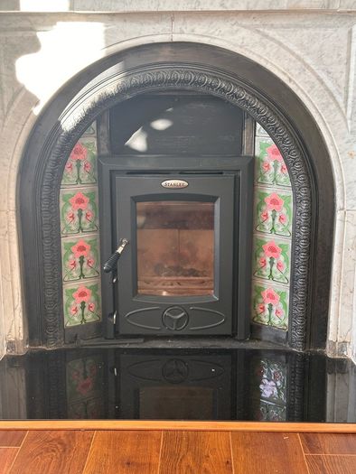 stanley stove&marble fireplace
