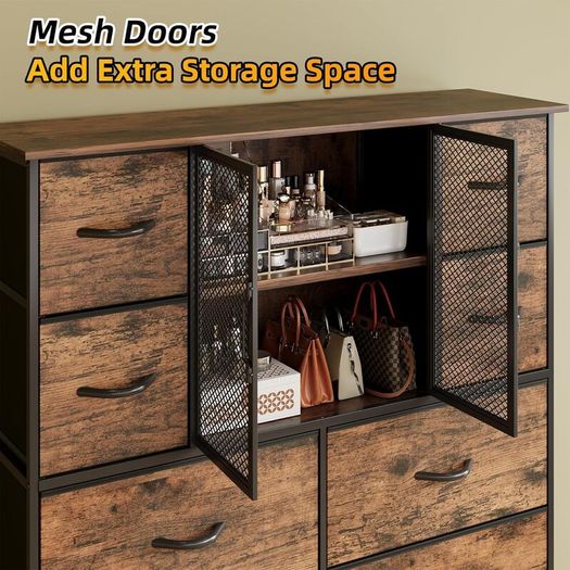 10 Drawers Dresser with Mesh Doors, Fabric Chest of Drawers for Bedroom, Sturdy Metal Frame Storage Cabinet