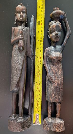 African Wooden Figures Pair Warrior Spear Water Carrier Hand Carved