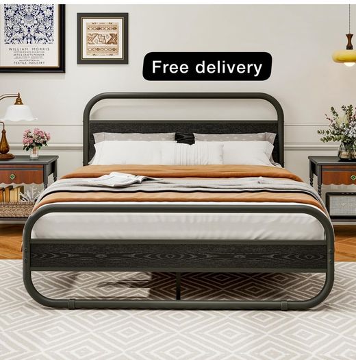 King Size Bed Frame Metal Platform Bed Frame with Wood Headboard