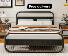 King Size Bed Frame Metal Platform Bed Frame with Wood Headboard