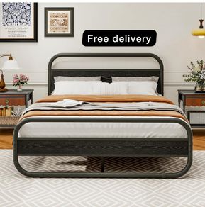 King Size Bed Frame Metal Platform Bed Frame with Wood Headboard