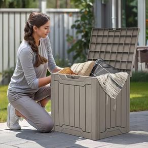 Outdoor Resin Storage Box 31 Gal, Water-resistant Patio Deck Box Outdoor Storage Box for Pillows, Garden Equipment, Securely Lockable, Light Brown
