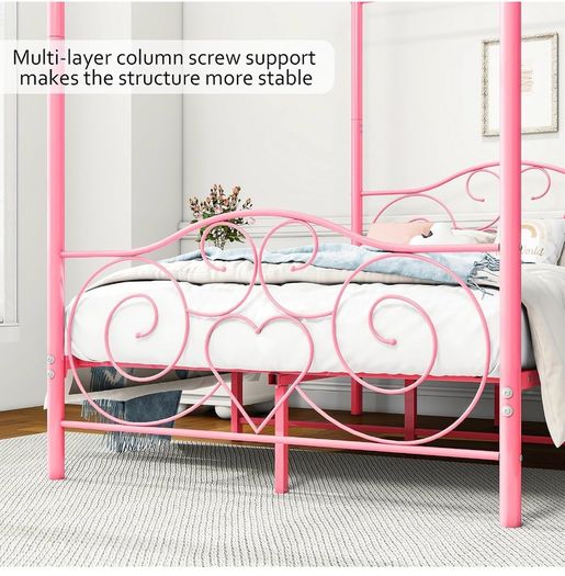 Double Canopy Bed Frame with Vintage Headboard & Footboard, Pink 135x190cm Double Canopy Bed Frame, 4ft6 Heavy Duty Metal Bed, Heart Scroll Headboard & Footboard, Steel Slats for Bedrooms