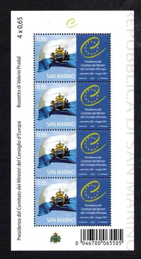 2007 San Marino`s Presidency of the Council of Europe Commemorative Stamps Miniature Sheet/ Block of 4 Mint Never Hinged (MNH)