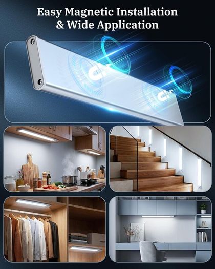 Demkia Under Cabinet Kitchen Lights LED, Motion Sensor Lights Indoor, 6500K Rechargeable Battery Operated Wardrobe Light, Wireless Magnetic USB Powered Strip Stick on Light for Shelf Stairs Counter [Energy Class G]