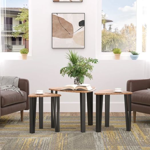 3 PCs Stackable Coffee Table Set Accent Furniture MDF Steel Frame Walnut (FREE POSTAGE)