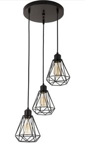 3-Light Pendant Light, Flush Mount Ceiling Light Fixture with Black Metal Cage Shade, Vintage Hanging Pendant Lighting for Kitchen, Island, Dining Room (FREE POSTAGE)