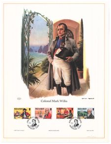 1982 Isle of Man Limited Edition Lithographed Print measuring 333mm X 257mm showing 150th Anniversary of Colonel Mark Wilks (1760-1831) Commemorative Stamp with First Day of Issue Cancel