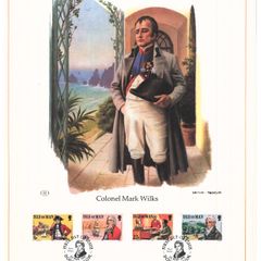 1982 Isle of Man Limited Edition Lithographed Print measuring 333mm X 257mm showing 150th Anniversary of Colonel Mark Wilks (1760-1831) Commemorative Stamp with First Day of Issue Cancel