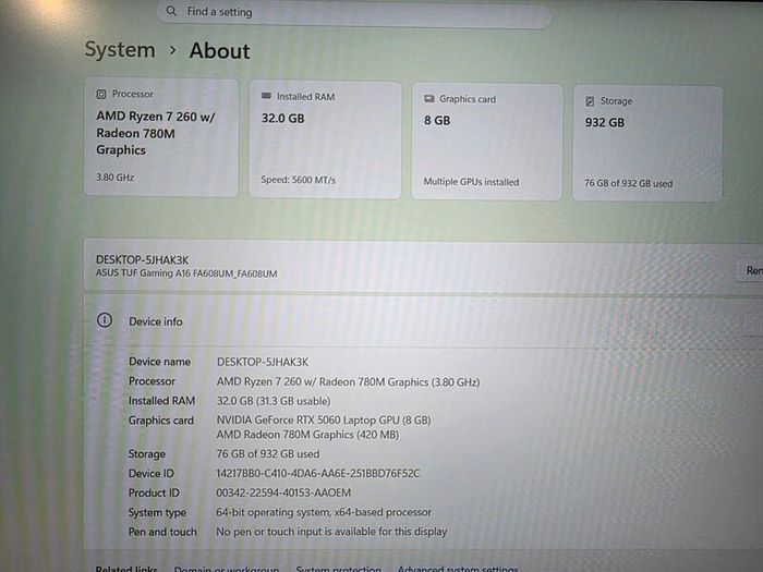 Asus Tuf Gaming A16 Fa608um | Ryzen 7 260 | Rtx 5060 8gb | 32gb Ddr5 5600mhz | 1tb Crucial T500 Ssd | 16" Wuxga Gaming Laptop