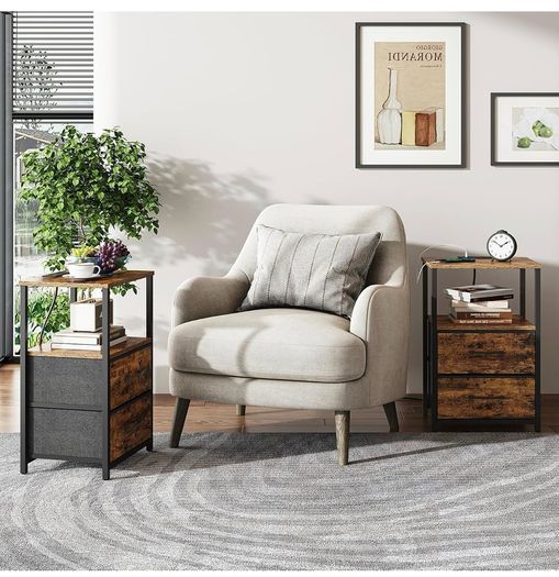 Bedside Table with Charging Station, Side Table with 2 USB Ports and Outlets, Nightstand with Cloth Drawer