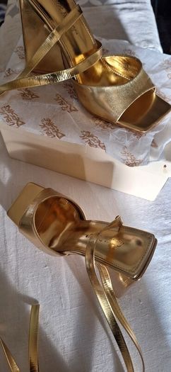 Public Desire Gold Block Heel Sandles.
