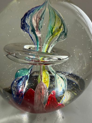 Vintage Hand Blown Art Glass Floating Ring Flower Paperweight