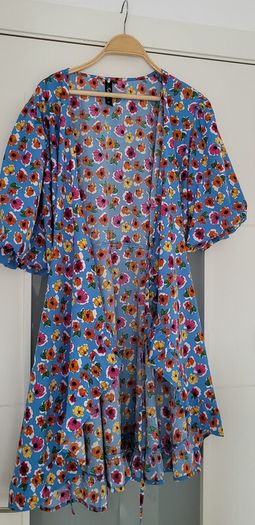 Influence blue cross body dress with puff sleeves Sz 16UK