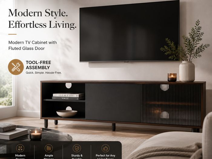 Modern TV Stand 140cm Fluted Glass Storage Cabinet