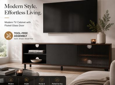 Modern TV Stand 140cm Fluted Glass Storage Cabinet