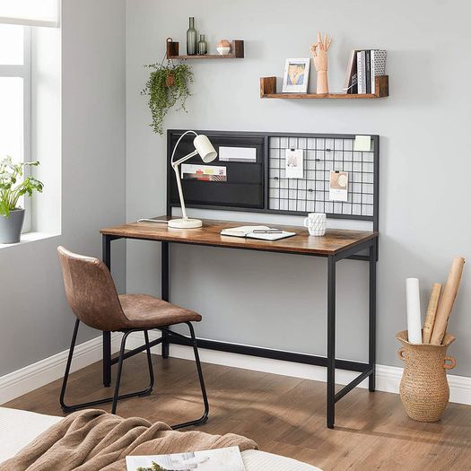 _Computer table, desk, with grid and storage compartments made of fabric, steel frame, 118 cm long, industrial design, vintage brown-black
