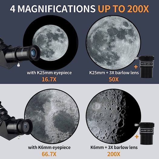 Telescope for Astronomy, 200X Pro 400/70 FMC Glass Optical Refractor Telescopes, With Adjustable Tripod Phone Adapter Barlow Lens Moon Filters Carrying Bag for Kids Adult Beginners