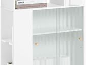 Bathroom Cabinet with 2 glass doors slim white compact  stylish on wheels