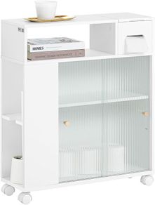 Bathroom Cabinet with 2 glass doors slim white compact  stylish on wheels