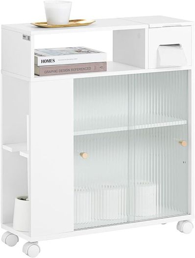 Bathroom Cabinet with 2 glass doors slim white compact  stylish on wheels