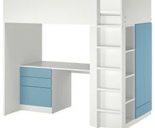 Loft bed, white blue/with desk with 4 drawers