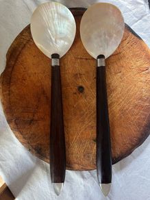 Vintage Mother of Pearl Serving Spoons Pair Caviar Fish Shell Spoon Wooden Handle serving spoon