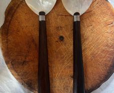 Vintage Mother of Pearl Serving Spoons Pair Caviar Fish Shell Spoon Wooden Handle serving spoon