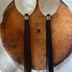 Vintage Mother of Pearl Serving Spoons Pair Caviar Fish Shell Spoon Wooden Handle serving spoon