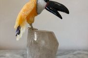 Hand-Carved Gemstone Toucan on Raw Quartz Crystal Base