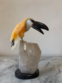 Hand-Carved Gemstone Toucan on Raw Quartz Crystal Base