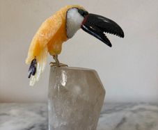 Hand-Carved Gemstone Toucan on Raw Quartz Crystal Base
