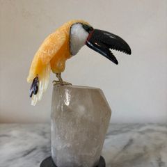 Hand-Carved Gemstone Toucan on Raw Quartz Crystal Base