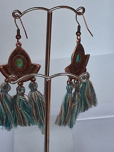 Antique Copper Turquoise Fan Tassel Earrings