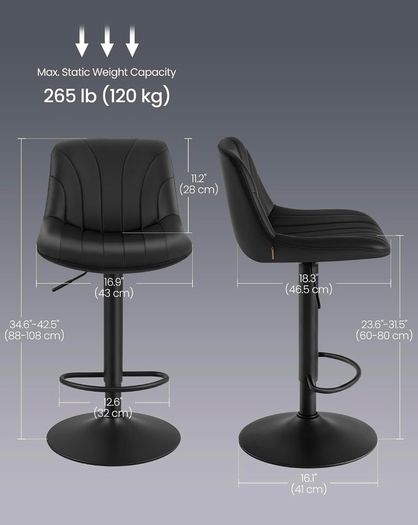 Bar Stools Set of 2, Adjustable with Backs, 360 Swivel PU Leather, Metal Footrest, for Kitchen Dining Reception, Ink Black