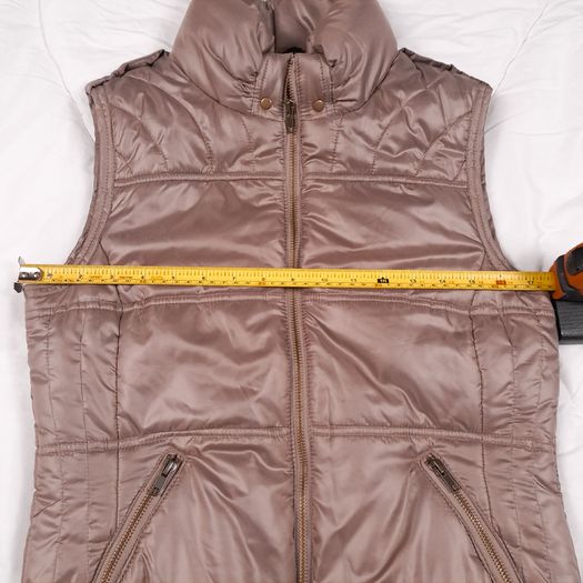 Per Una Bronze Beige Brown Metallic Quilted Puffer Vest Zip-Up Bodywarmer Gilet Size S