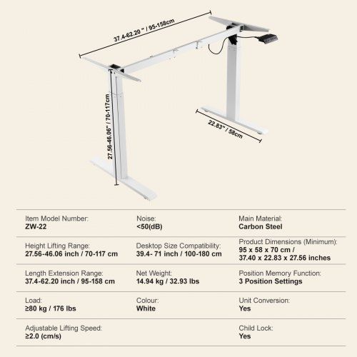 Standing Desk Frame, Adjustable 70-117 cm Height & 95-158 cm Length Electric Stand Up Computer Desk Legs, Ergonomic DIY Workstation Base for Home