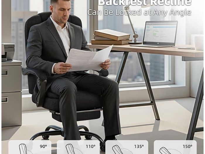 Office Chair with Footrest, Pocket Spring Fabric Desk Chair, High Back Thick Padding Computer Chair with Linkage Armrests, 90-150 Reclining Ergonomic Task Chair, Black