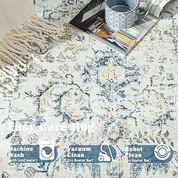 NEW SALE | Rug 3x5 Washable Rug Entryway Rug Door Mat Vintage Indoor Entrance Thin Rug Retro Distressed Carpet Blue Multi Floral Print Mat Country Boho Rug