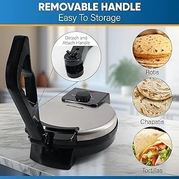25.4cm Roti Maker Machine with Free Roti Heater and Removable Handle - Indian Chapati, Tortilla, Roti AC220-240V 50/60Hz 1200W